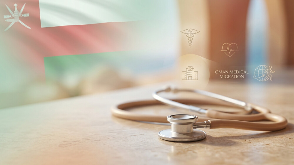 یک استتوسکوپ روی میز با پرچم عمان در بکگراند