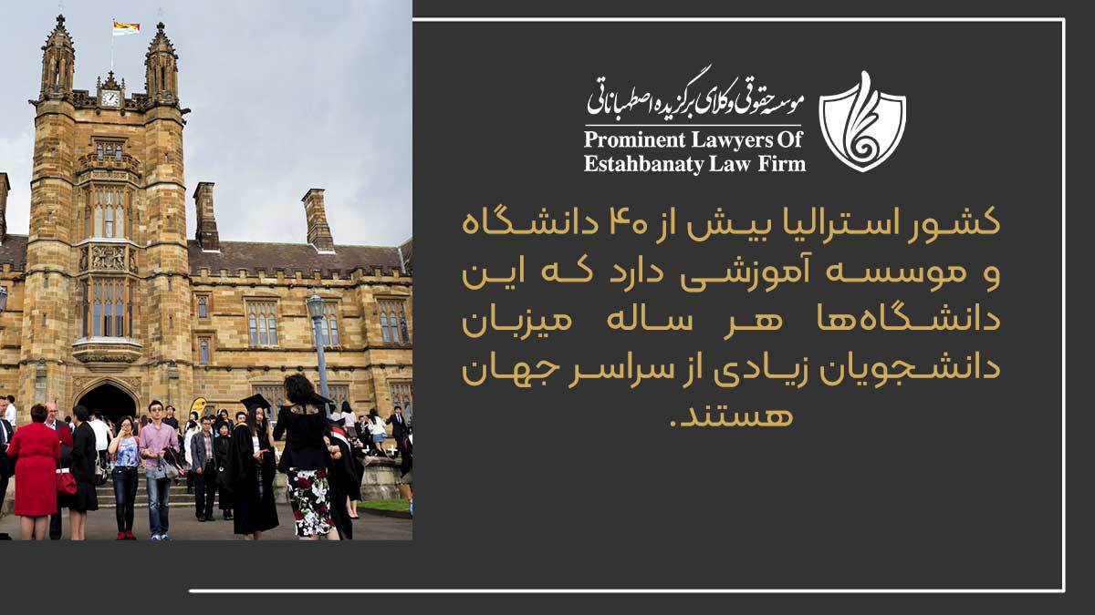 کشور استرالیا بیش از 40 دانشگاه و موسسه آموزشی دارد که این دانشگاه&zwnj;ها هر ساله میزبان دانشجویان زیادی از سراسر جهان هستند