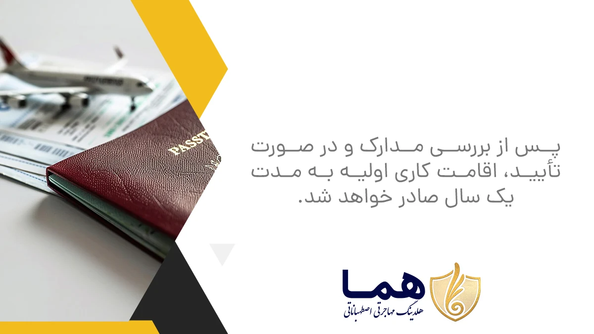 پس از بررسی مدارک و در صورت تأیید، اقامت کاری اولیه به مدت یک سال صادر خواهد شد.
