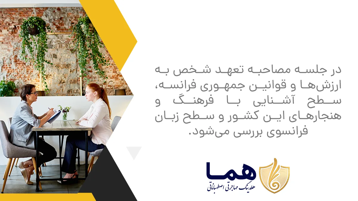 در جلسه مصاحبه تعهد شخص به ارزشها و قوانین جمهوری فرانسه، سطح آشنایی با فرهنگ و هنجارهای این کشور و سطح زبان فرانسوی بررسی میشود.